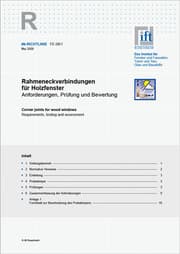 Cover von ift-Richtlinie FE-08/1, Mai 2008. Rahmeneckverbindungen für Holzfenster. Anforderungen, Prüfung und Bewertung