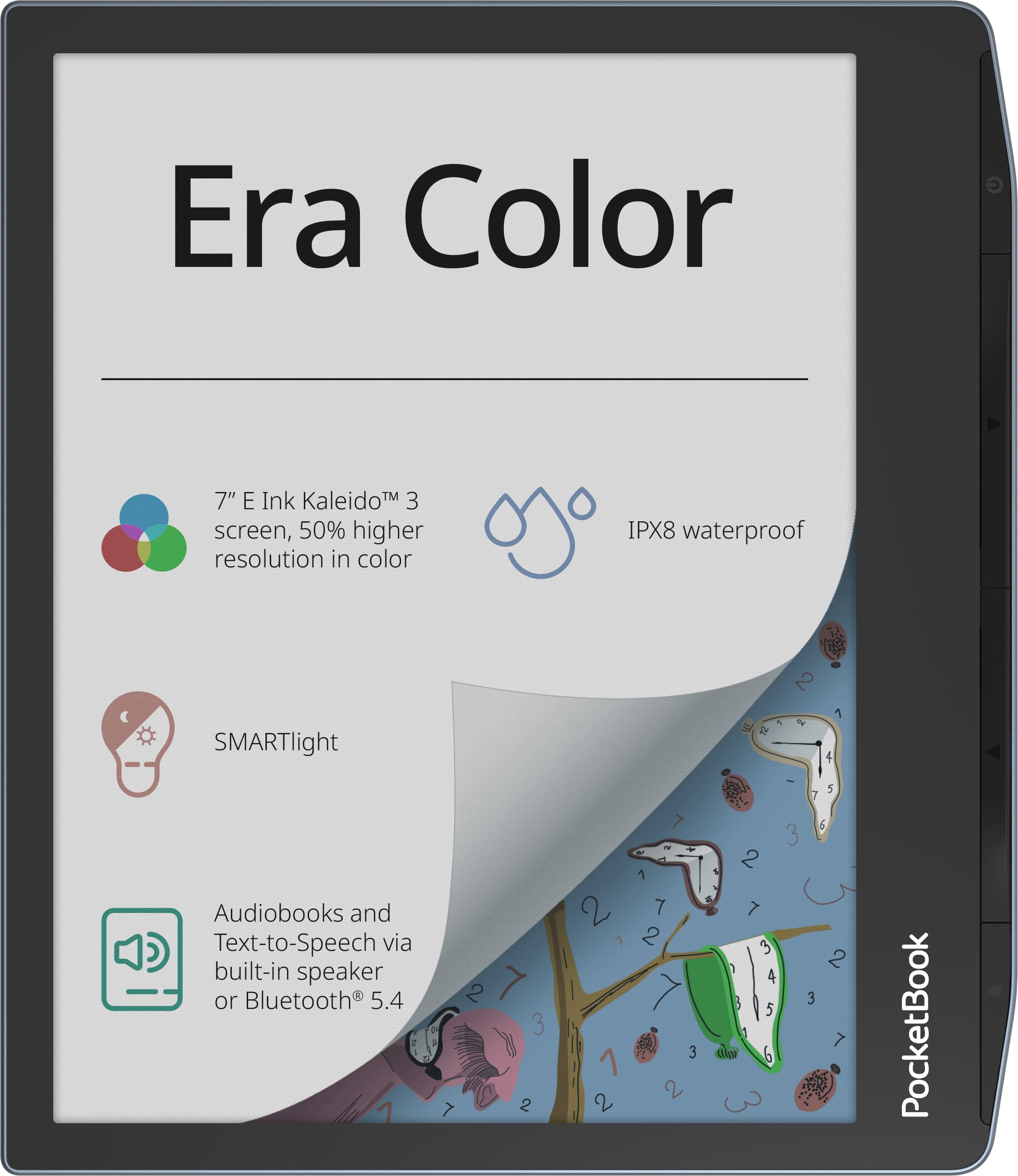 E-Reader "Era Color". Auf dem Bildschirm sind die technischen Angaben des Geräts aufgeführt. Ein angedeutetes Umblättern zeigt das Farbdisplay darunter.