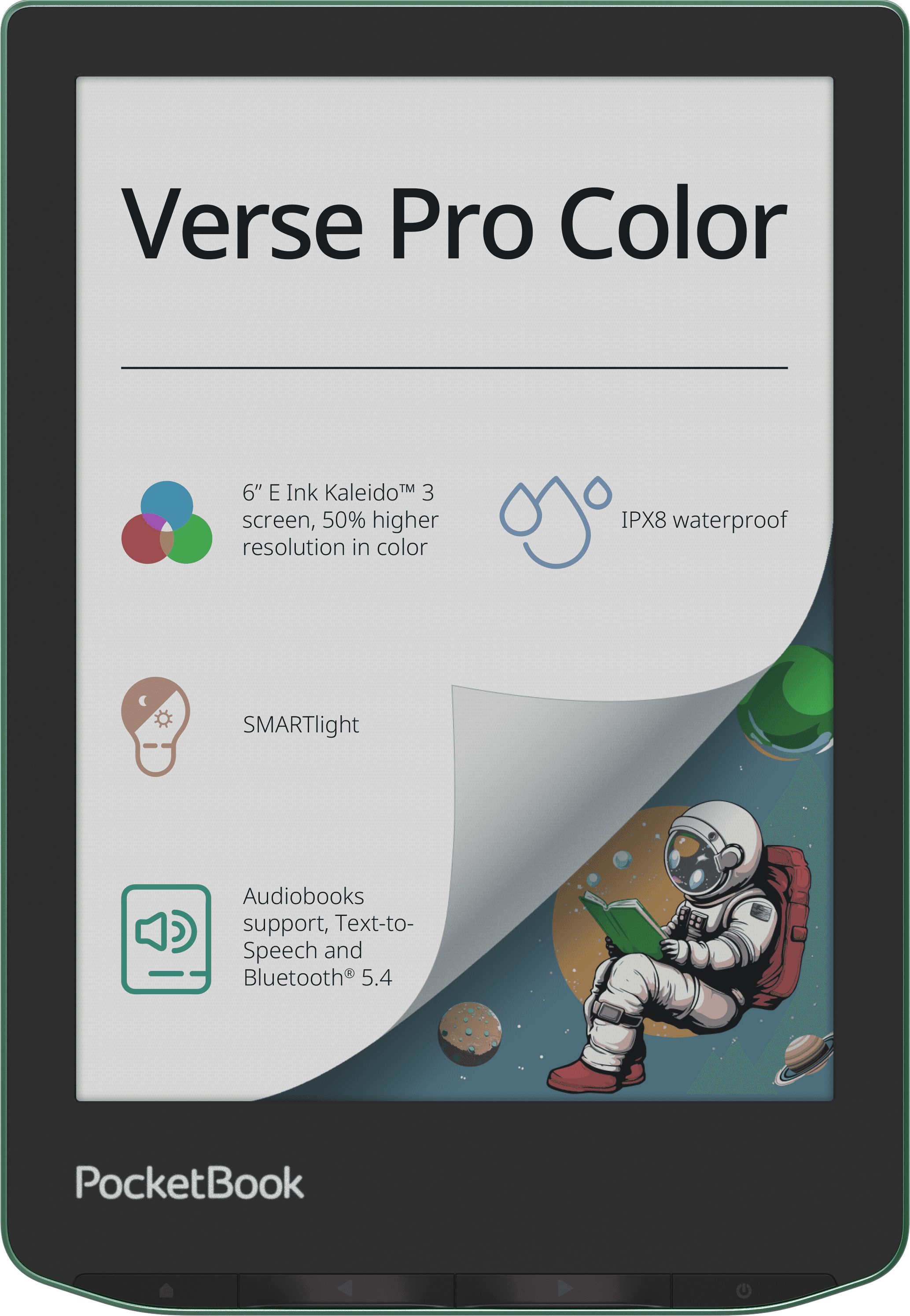 E-Reader "Verse Color Pro". Auf dem Bildschirm sind die technischen Angaben des Geräts aufgeführt. Ein angedeutetes Umblättern zeigt das Farbdisplay darunter.