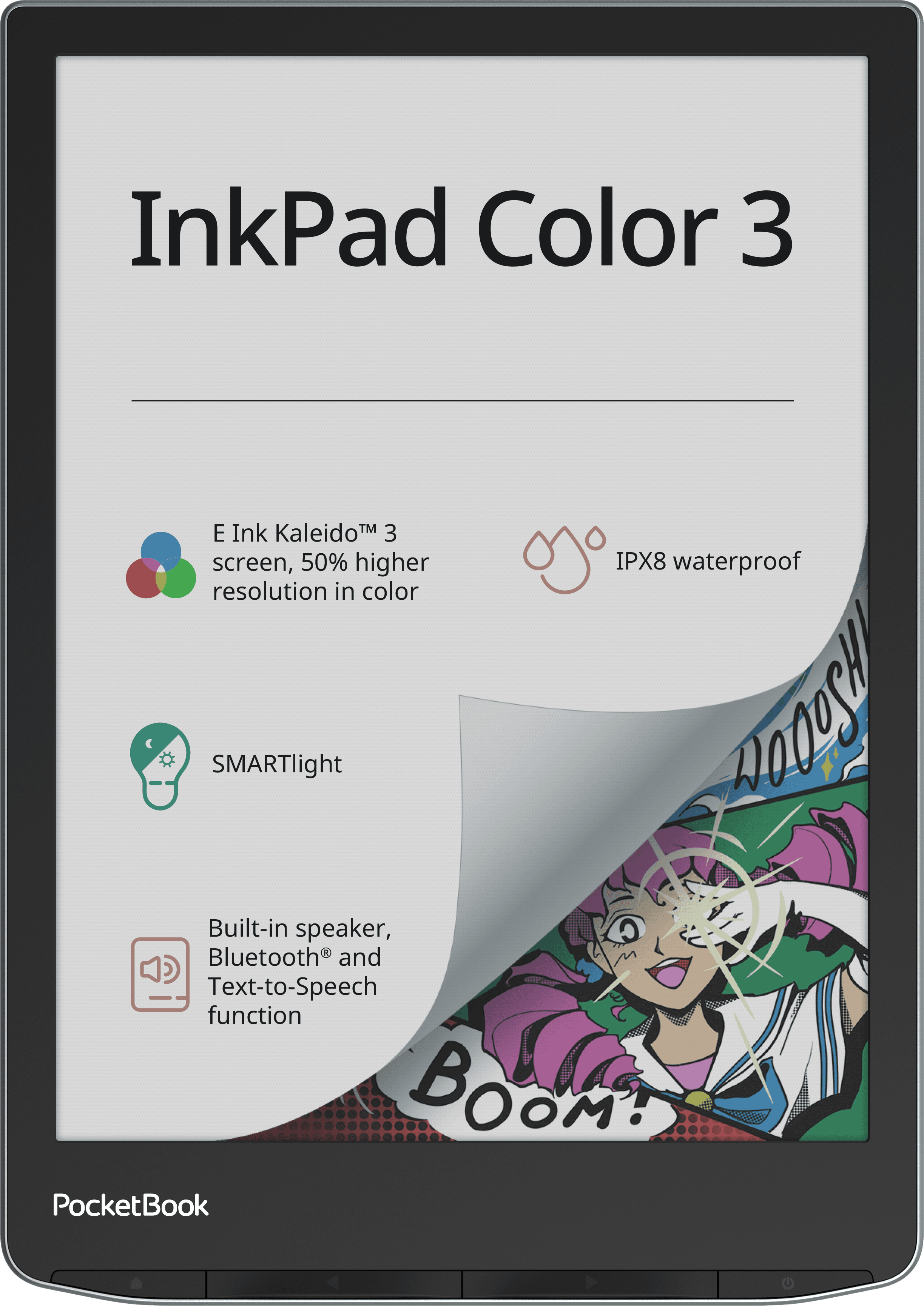 E-Reader "InkPad Color 3". Auf dem Bildschirm sind die technischen Angaben des Geräts aufgeführt. Ein angedeutetes Umblättern zeigt das Farbdisplay darunter.