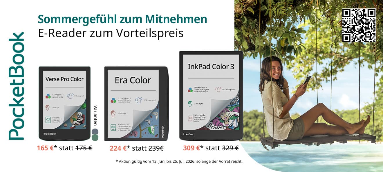 Überschrift auf weißem Grund: Sommergefühl zum Mitnehmen: Mit PocketBook lesen, wann und wo man will! Links darunter Abbildungen der E-Reader Verse pro Color, Era Color und InkPad Color3. Rechts daneben ein Foto einer jungen Frau mit E-Reader in der Hand. Sie sitzt auf einer Schaukel an einem sonnigen Strand.