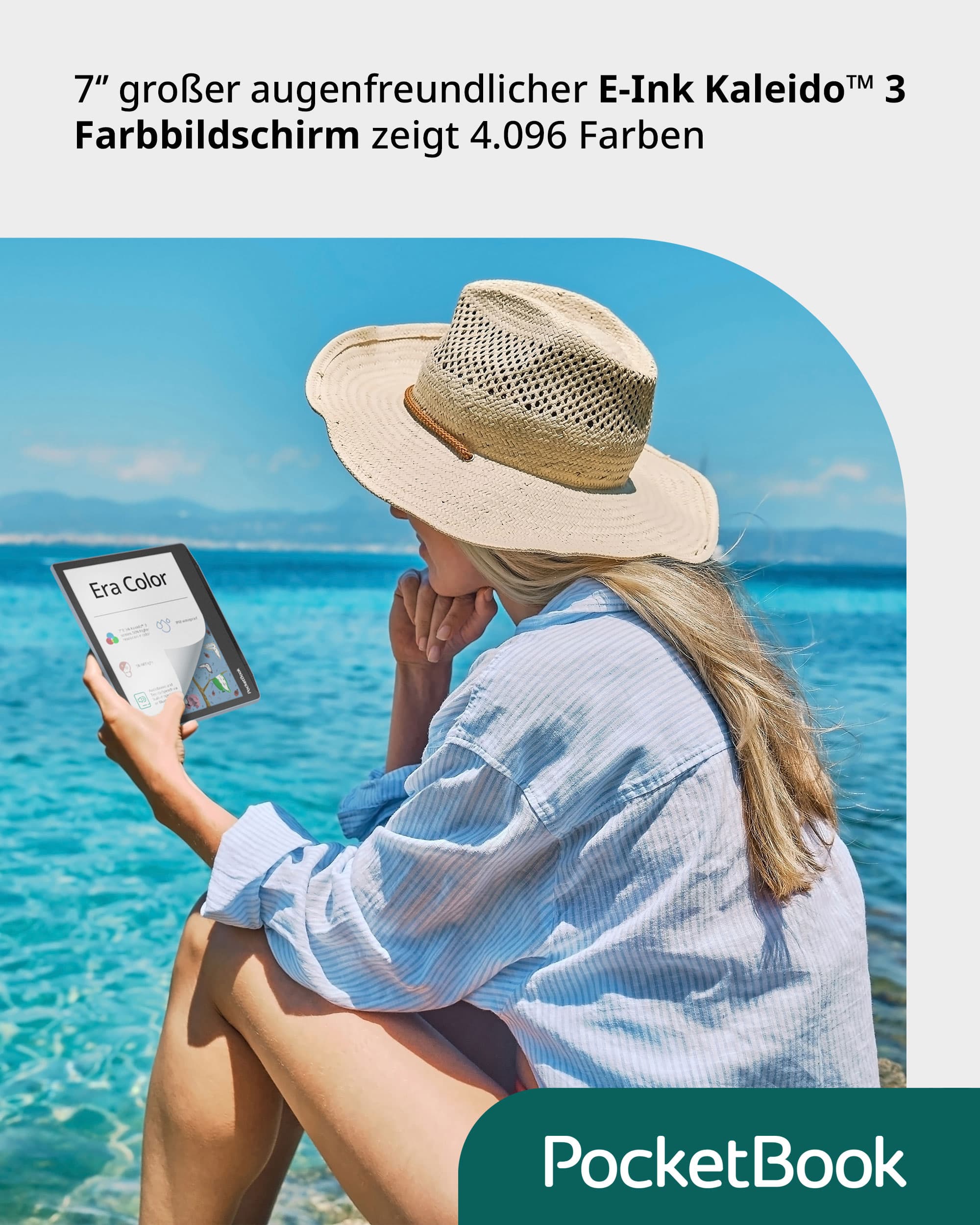 PocketBook era color Frau am Wasser mit PocketBook in der Hand