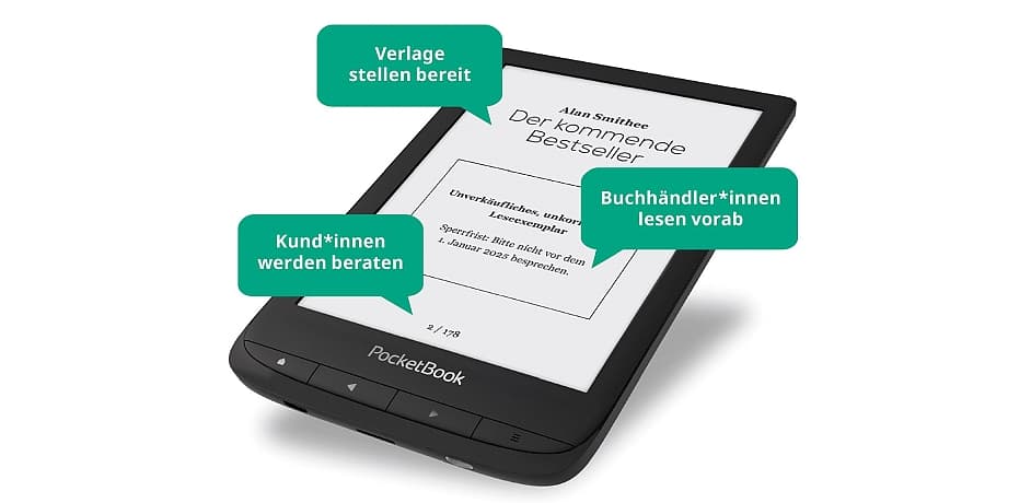 Digitale Leseexemplare PocketBook für Buchhandlungen Die Abbildung eines E-Readers mit Highlights in grünen Sprechblasen